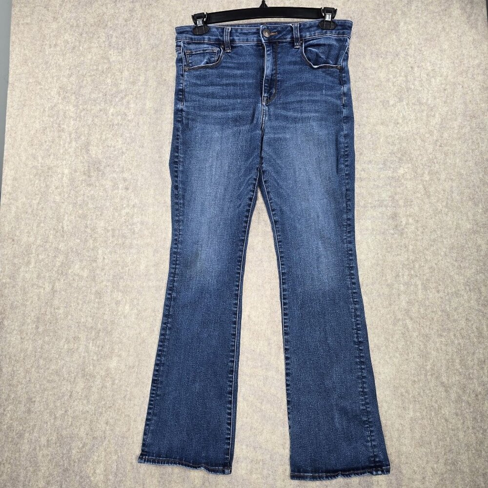 American Eagle Womens Flared Jeans Dark Wash Size 12 Stretch Denim Distressed - Picture 1 of 10